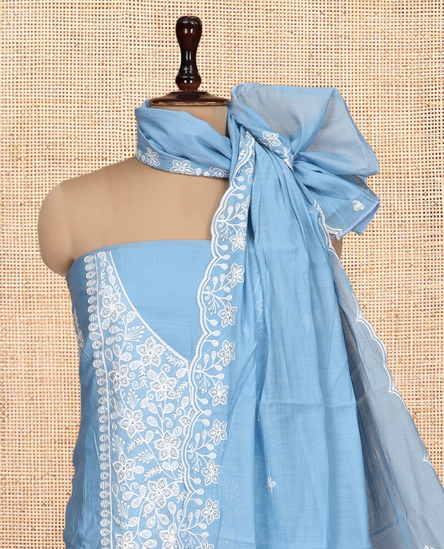 Ice Blue Mul Chanderi Material Churidar, Floral Embroidered Top, a Plain Bottom, a Floral Embroidered Scallop Dupatta