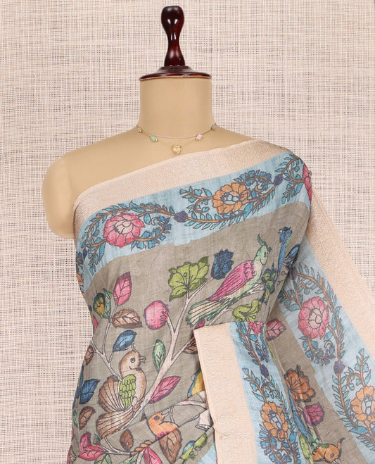 Grey Kalamkari Printed Fancy Tussar Saree