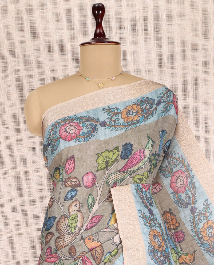 Grey Kalamkari Printed Fancy Tussar Saree