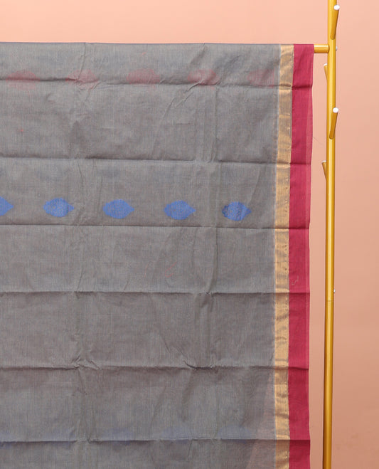Grey Kanchi Cotton Saree, Adorned with Thread Buttas on Its Body, Complemented by a Contrast Border, Delicately Woven Pallu, and a Matching Blouse