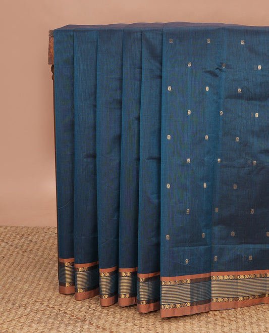 Blue zari buttas Venkatagiri cotton saree, contrast mango design border & zari striped pallu