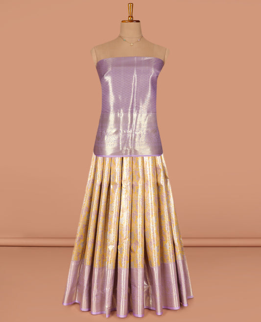 Yellow Art Silk Pavadai Material Set, Beautifully Bedecked with Jacquard Design on Its Skirt, Complemented by a Contrast Traditional Zari Designs Woven Border, and paired with a Contrast Jacquard Blouse
