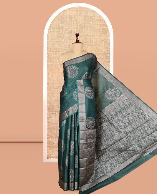 Green Tusser Silk Saree, Embellished with Zari Buttas, a Zari Border, Intricate Pallu, and a Matching Blouse