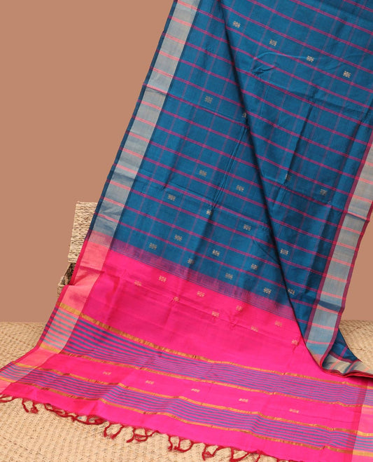 Blue checked kuppadam silk saree with buttas, plain border & contrast pallu of stripes