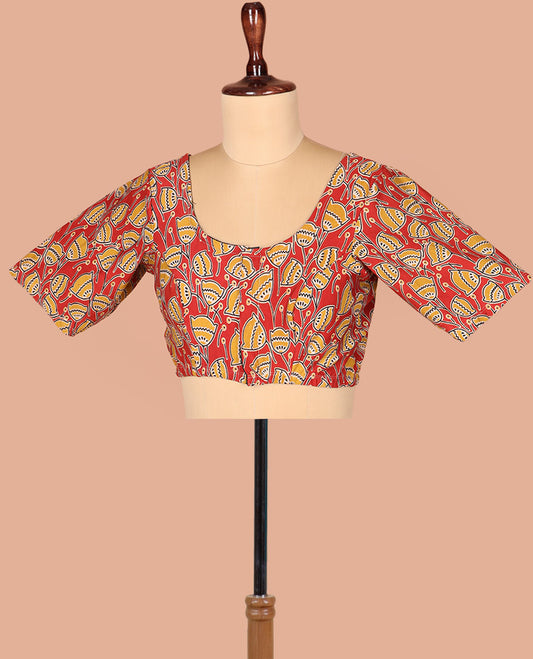 Red Readymade Blouse Embellished with Lotus Motifs Print, Featuring Front Round Neck, Back Round Neck, and Elbow Sleeves