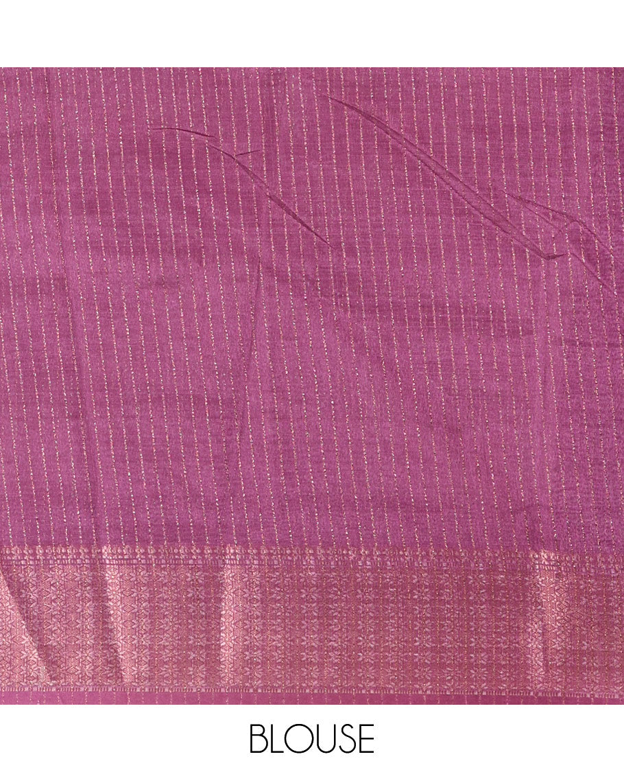 White and Purple Dola Silk Saree Embellished with Vertical Zari Stripes All Over the Body, Complemented by a Contrast Border of Traditional Zari Designs, Self-Pallu of Stripes, and Paired with a Contrast Blouse
