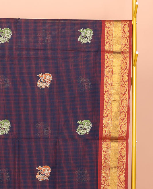 Navy Blue Venkatagiri Cotton Saree, Ornamented with Peacock Buttas and Checks, a Contrast Traditional Zari Border, Pallu of Stripes, and No Blouse