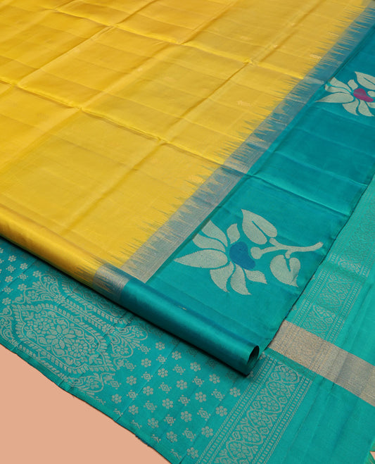 Yellow Mayuri Soft Silk Saree, Sparsely Woven with Buttas, Complemented by a Contrast Floral Border, Unique Design Pallu, and a Contrast Blouse