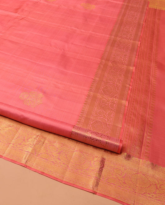 Pink Kanchipuram Silk Saree, Elevated with Zari Buttas All Over Its Body, Highlighted by a Zari Border of Traditional Designs, Pallu of Jaal Designs, and Paried with a Matching Blouse