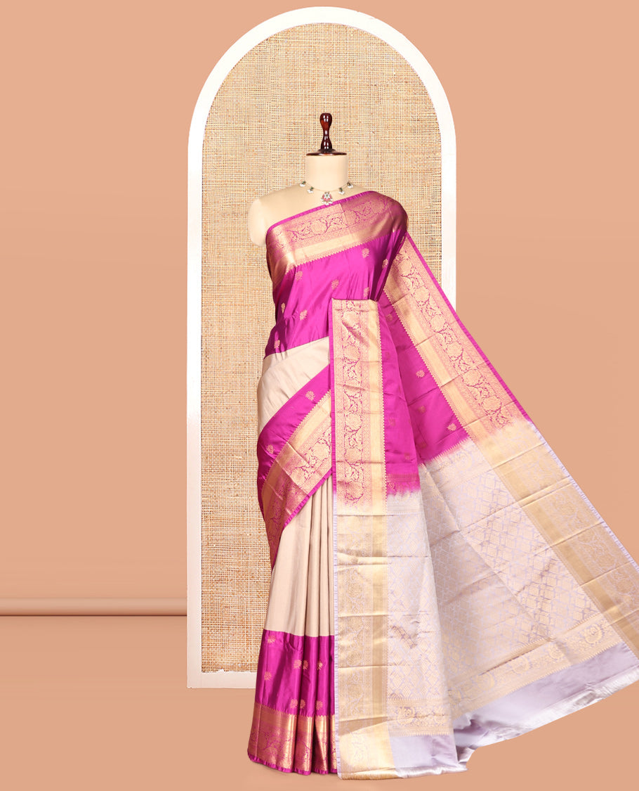 Pink Half-And-Half Budget Silk Saree Features Buttas, Traditional Border, Grand Pallu, Contrast Blouse