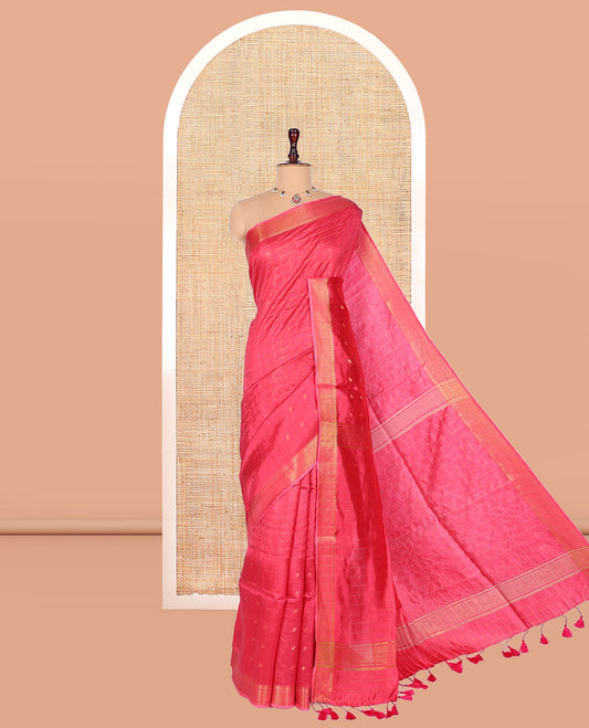 Pink Banana Pith Saree, Gleamed Up with Checks and Buttas, a Zari Temple Border, Striped Pallu, and Matching Blouse