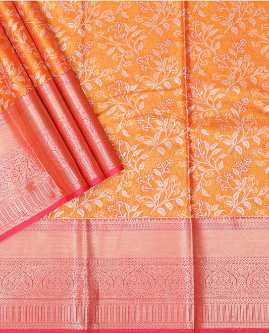 Orange floral design art silk pavadai material with contrast intricate zari design border & floral zari design blouse