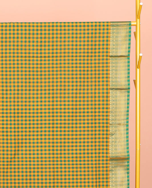 Yellow-Green Chettinad Cotton Saree, Accentuated with Micro-Checks, Highlighted by Traditional Zari Border, Striped Pallu, and No Blouse