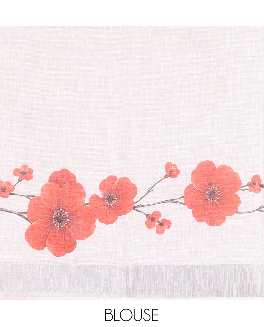 White-Red Linen Cotton Saree, Beautified with Floral Print, a Subtle Zari Border, and a Matching Blouse
