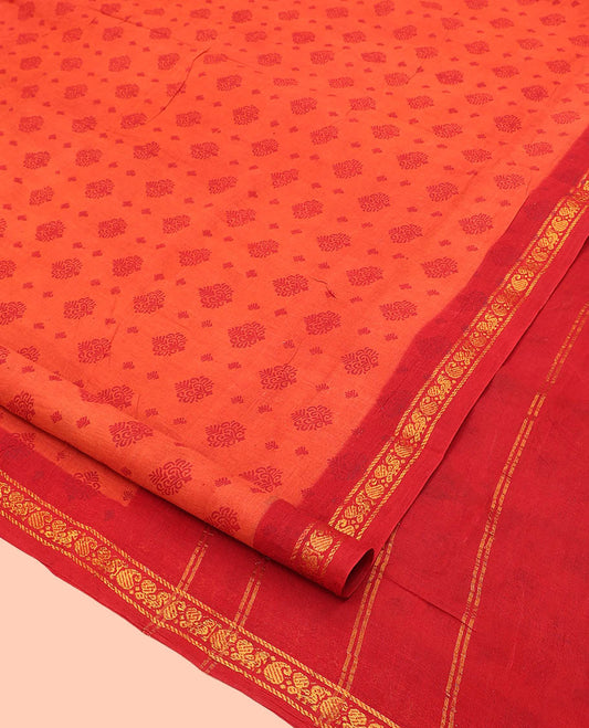 Orange Nine Yard Cotton Saree, Woven with Buttas, Complemented by Contrast Peacock-Paisley Border, Pallu of Stripes, and Comes Without a Blouse