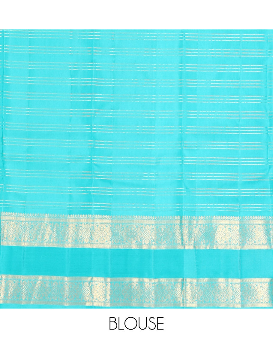 Brown Kanchipuram Silk Saree, Richly Detailed with Zari Checks, Contrast Rettai Pettu Traditional Border, Pallu of Chakram Butta Enclosed Checks, and Contrast Blouse