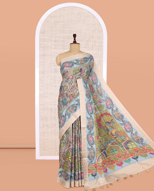 Grey Kalamkari Printed Fancy Tussar Saree