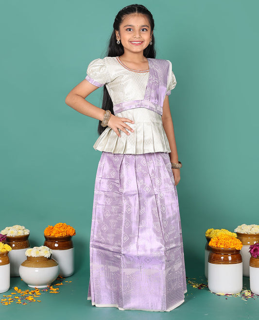Lavender readymade art silk pavadai, zari design skirt, & jacquard embroidered round neck puff-sleeve blouse with detachable dupatta