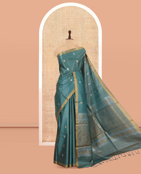Green Tussar Saree, Detailed with Buttas, a Piping Border, Floral Vine-Woven Pallu, and a Matching Blouse