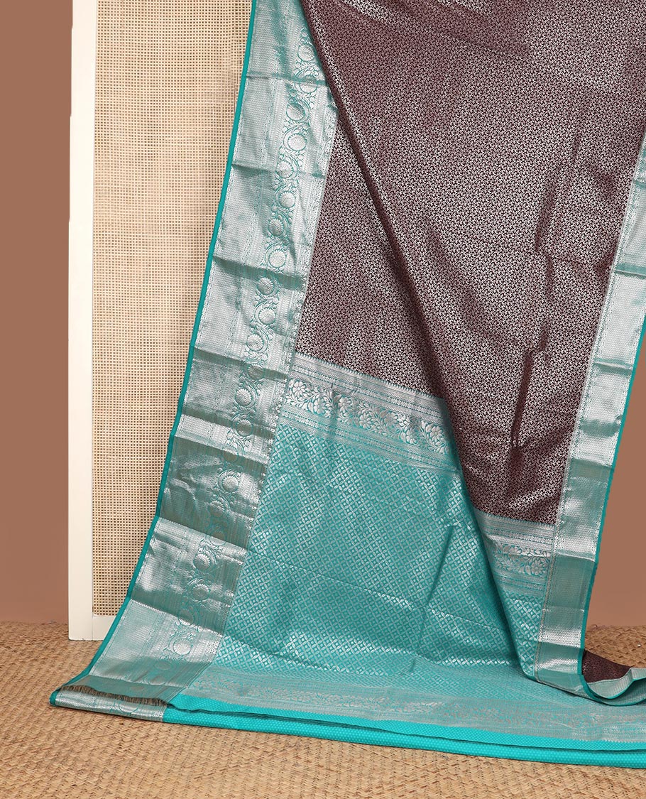 Coco brown vine jacquard budget silk saree, contrast traditional zari border, and jaal pallu