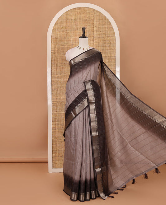 Grey ombre vertical striped Manipuri tussar saree, contrast traditional zari border, striped pallu & running blouse
