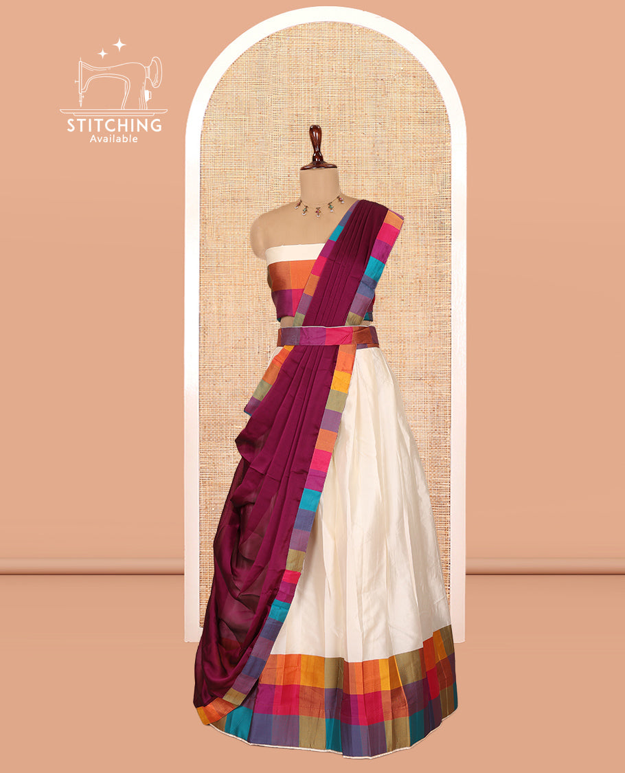 Cream-Wine Semi- Silk Plain Half-Saree, Contrast Madras Checked Border, Matching Blouse and a Contrast Syska Georgette Dhavani