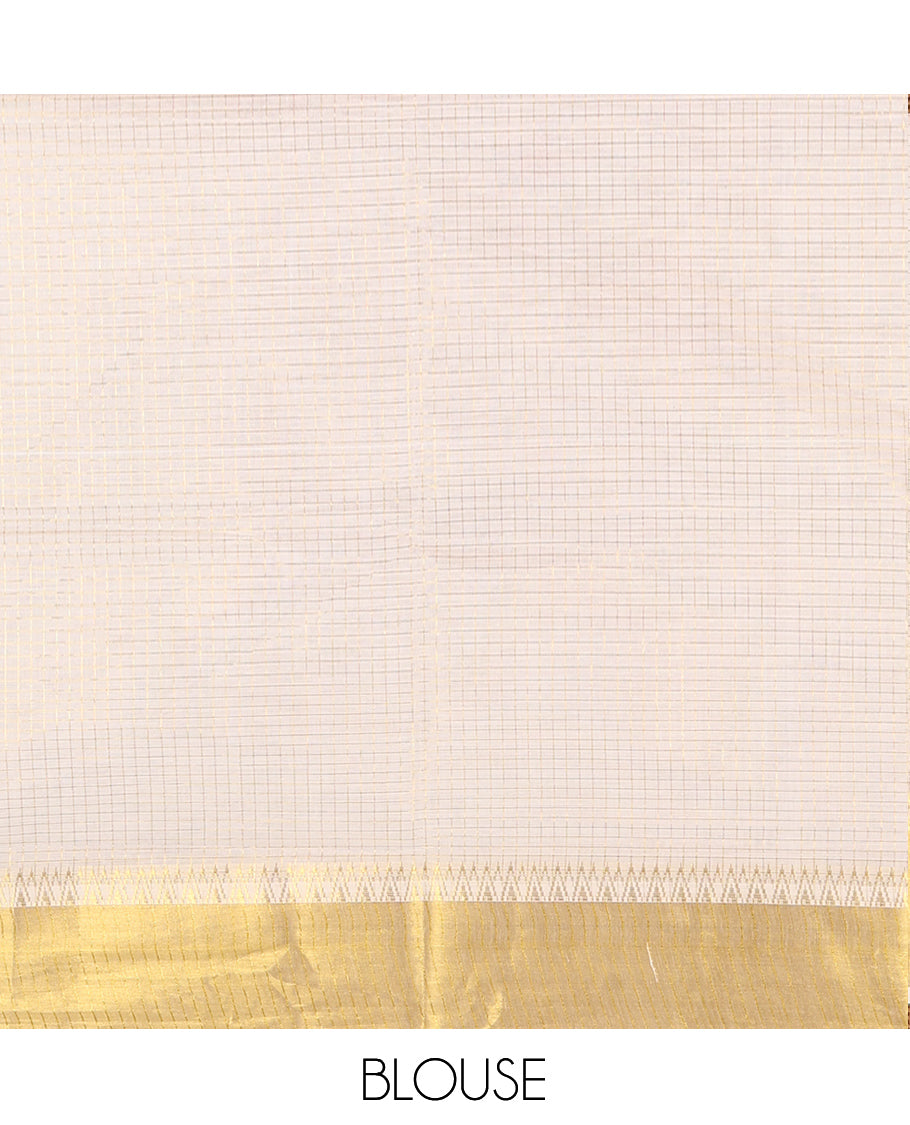 Cream Zari Checked Kerala Cotton Saree, Gleaming Zari Temple Border, Zari Striped, and a Matching Blouse