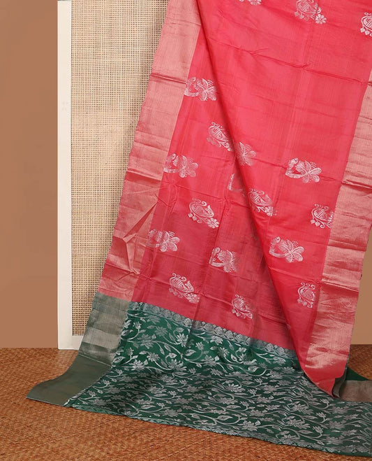 Red floral design uppada saree with self zari border & floral design pallu