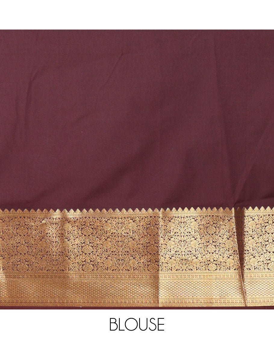 Coffee Brown Kanchipuram Budget Silk Saree Richly Detailed with Jacquard Design, Highlighted by Zari Border of Floral and Jaal Designs, Pallu Embellished with Big Paisley Designs, and Paired with a Matching Blouse