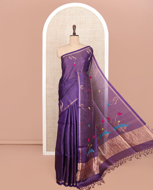 Violet Tussar Silk Saree, Mesmerized with Meena Floral Buttas All Over Its Body, Subtle Piping Border, Pallu of Meena Floral Designs, and Paired with a Matching Blouse