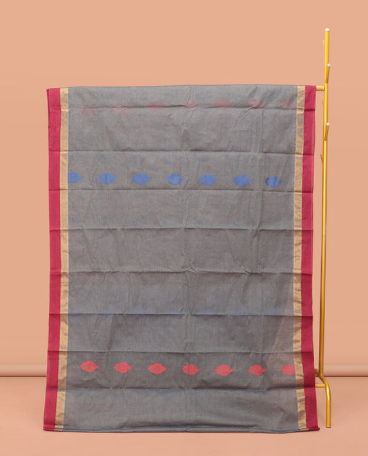 Grey Kanchi Cotton Saree, Adorned with Thread Buttas on Its Body, Complemented by a Contrast Border, Delicately Woven Pallu, and a Matching Blouse