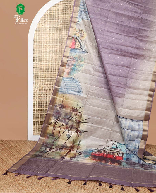 Grey digital cultural print, zari butta fancy tussar saree with bhavanji border & tissue pallu along with plain blouse