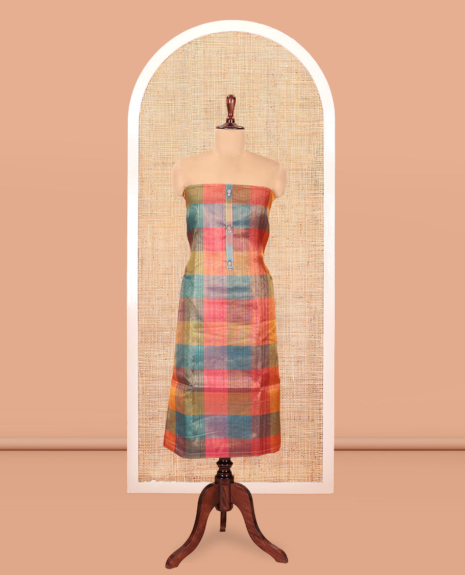 Multi-Color Shimmer Tissue Material Churidar, Enthralled with Madras Checks Neckwork Top, a Contrast Bottom, Sequins Striped Dupatta
