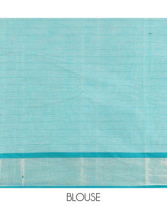 Blue checked , floral design chirla cottton saree with contrast striped border & floral, checked design pallu