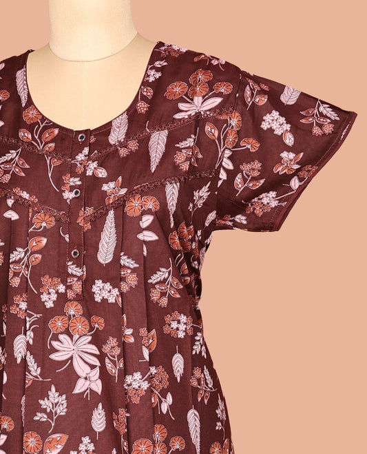 Brown Half Sleeve Cotton-Blended Nighty