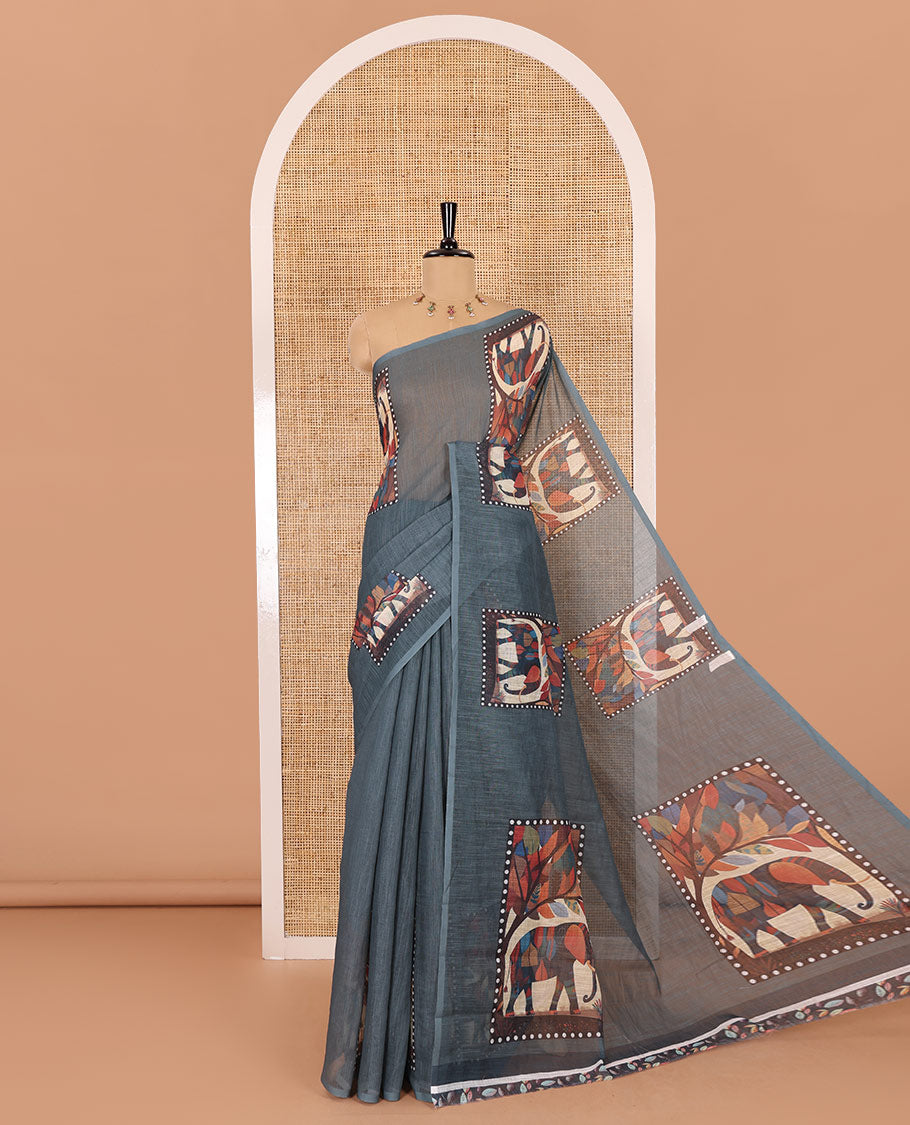 Green plain linen cotton saree, mordern art style elephant motifs printed border, elephant printed pallu, and a leaf printed blouse