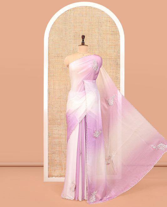 Lavender and Cream Designer Saree, Gracefully Embellished with Embroidered Buttas All Over Its Body, Scallop Embroidered Border, And Paired with a Matching Stone Work Blouse