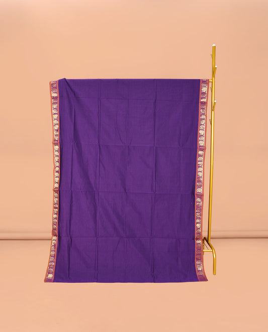 Violet Plain Poly Cotton Saree, Complemented by a Contrast Zari Peacock-Paisley Design Border, Contrast Striped Pallu, and Paired with a Contrast Blouse