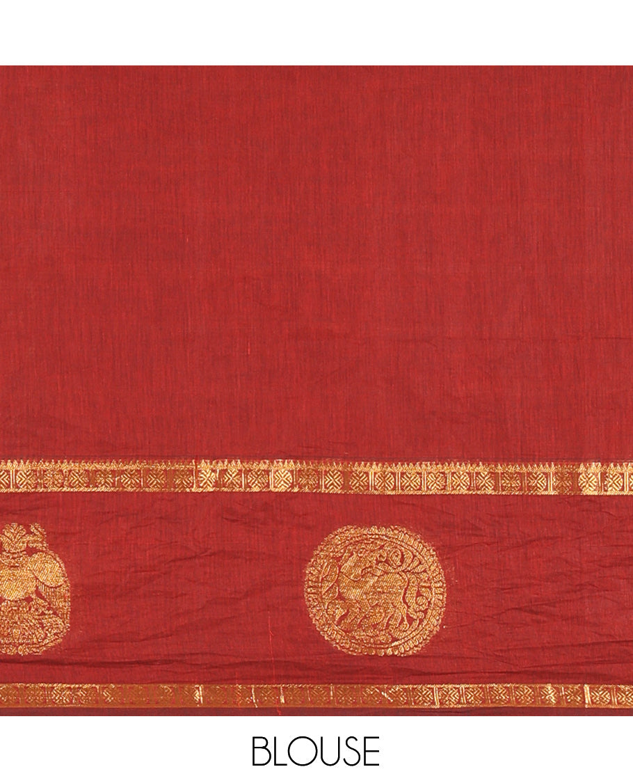 Maroon Chettinad Cotton Saree, Ornamented with Zari Stripes, a Zari Iruthalai Pakshi-Yaali Border, Grand Pallu, and a Matching Blouse