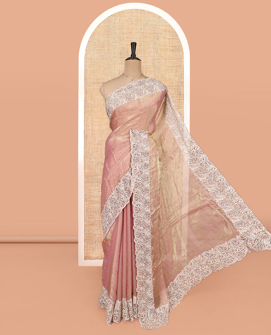 Peach Designer Saree, Crafted with Stone Work All Over Its Body, a Scallop Cut-Embroidered Border, and Matching Blouse