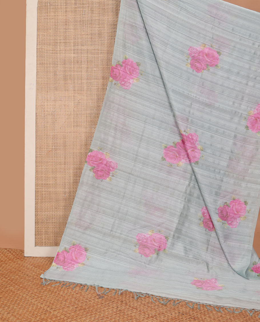 Light grey rose motifs kamala silk saree with contrast plain blouse