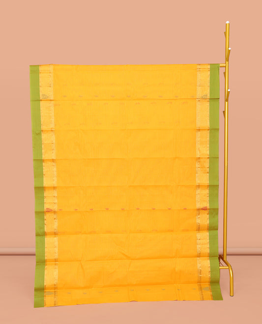 Yellow Kanchi Cotton Saree, Adorned with Buttas All Over Its Body, Complemented by Contrast Border, Pallu of Paisley Designs, and Paired with a Matching Blouse