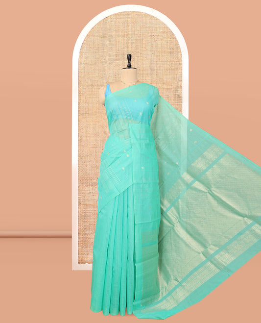 Borderless Turquoise Silk Cotton Saree, Steeped with Zari Stripes and Buttas, Diagonally Striped Pallu, and a Matching Blouse