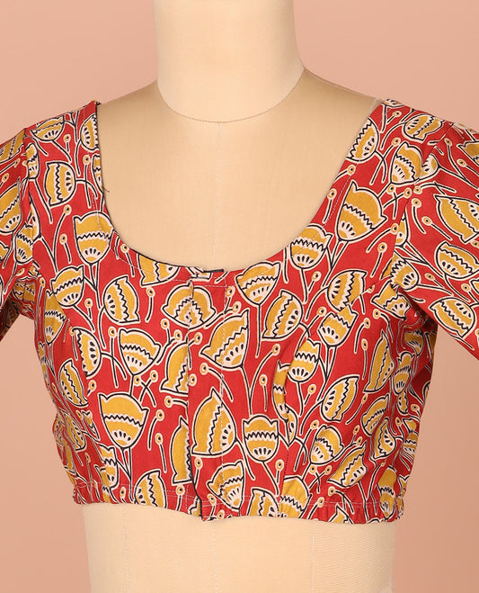 Red Readymade Blouse Embellished with Lotus Motifs Print, Featuring Front Round Neck, Back Round Neck, and Elbow Sleeves