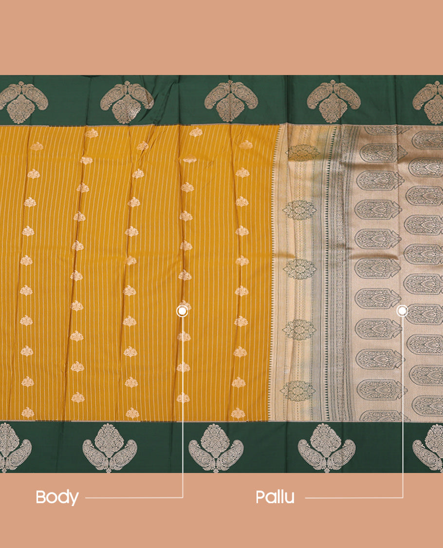 Mustard Budget Silk Saree, Delicately Woven with Stripes and Buttas, Complemented by Contrast Zari Motif Border, a Grand Pallu and a Contrast Blouse