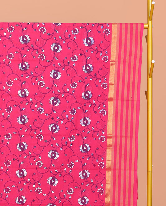 Rani Pink  Chirala Cotton Saree, Embellished with Floral Vine Print, Striped Border, Printed Pallu, and a Matching Blouse
