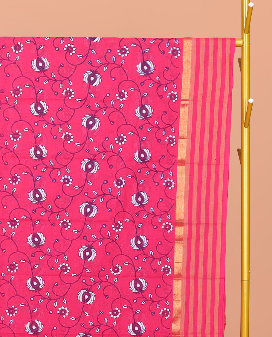 Rani Pink  Chirala Cotton Saree, Embellished with Floral Vine Print, Striped Border, Printed Pallu, and a Matching Blouse