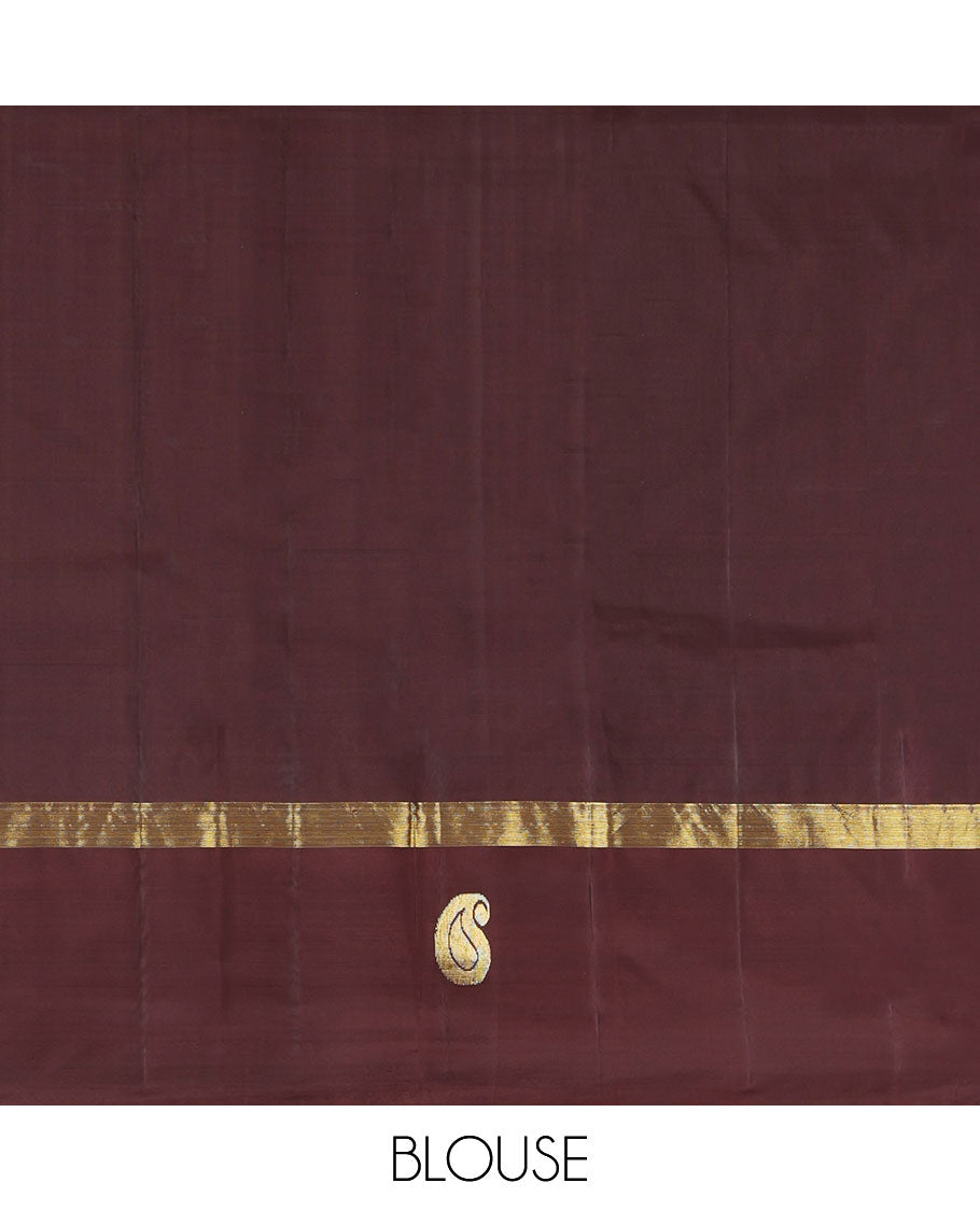 Brown  Kanchipuram Silk Saree, Woven with Zari Buttas, Complemented by Contrast Manga-Thazampoo Rekku Border, Pallu of Zari Design, and a Contrast Blouse