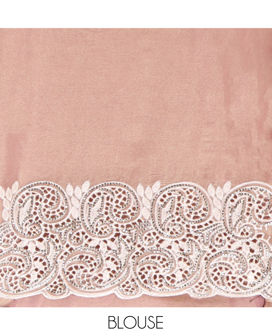 Peach Designer Saree, Crafted with Stone Work All Over Its Body, a Scallop Cut-Embroidered Border, and Matching Blouse