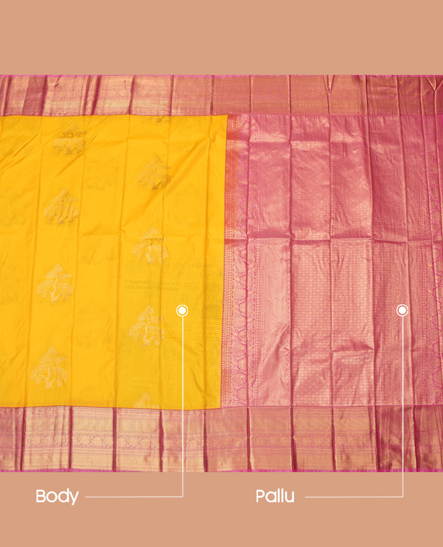 Yellow Budget Silk Saree, Sparsely Woven with Tree Motifs, Complemented by Contrast Traditional Zari Border, Grand Pallu and Contrast Blouse